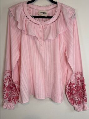 SAVANNA JANE Top Womens Pink Floral Embroidered Sleeves Cottagecore Peasant Lg